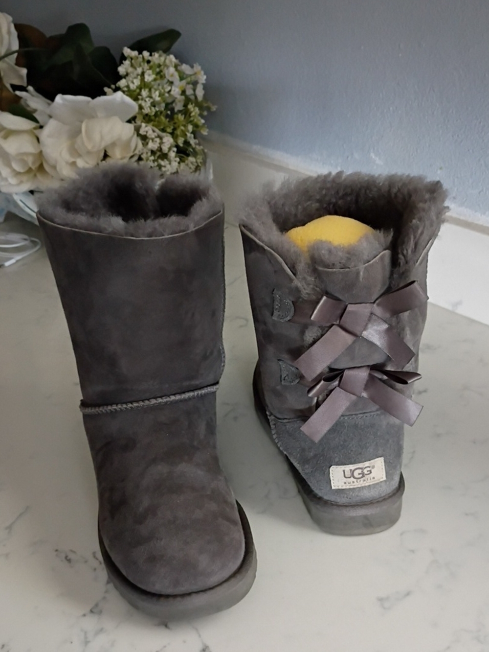 UGG Bows  Womens Grey Sheepskin Ribbon Back Boots